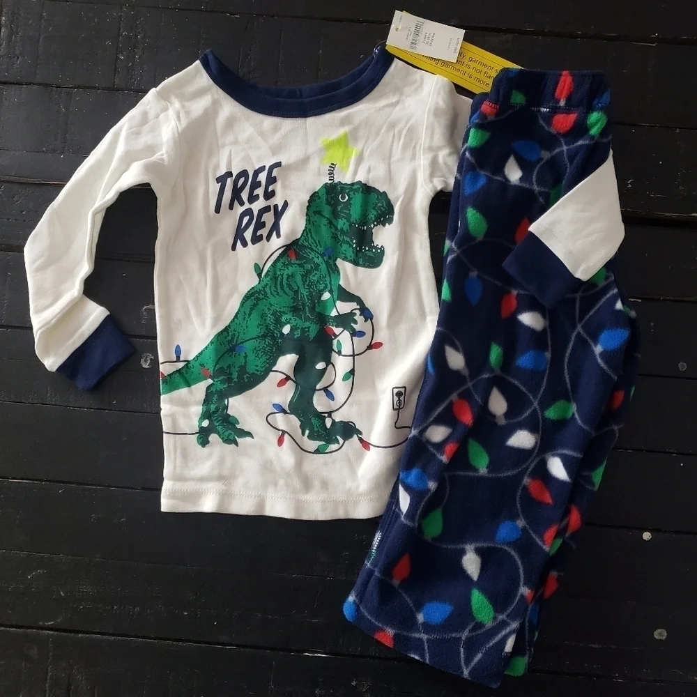 Gap NWT Toddler Boy 2T Tree Rex Dinosaur T-Rex Christmas Lights Pajamas PJ Set